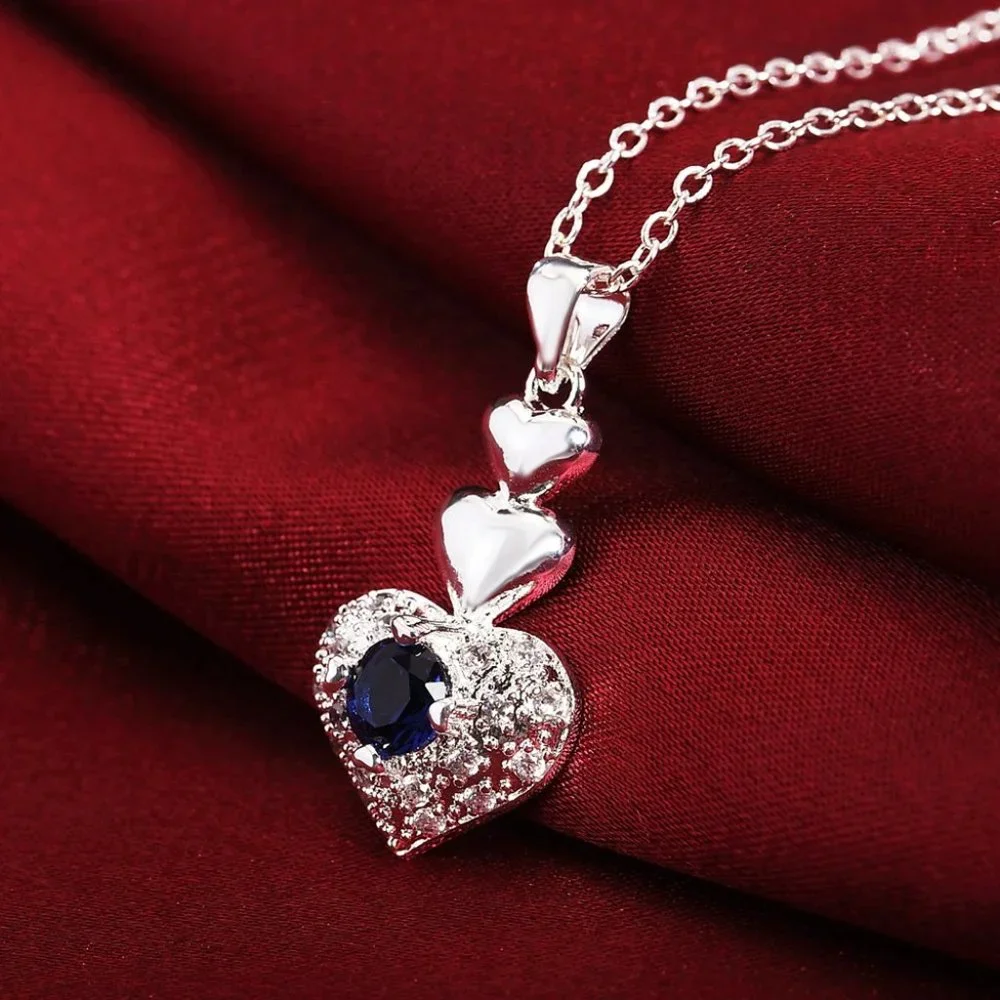 Beautiful 4 Pc Set Sapphire Heart Pendant, Earrings, & 18" Chain Sterling Silver - Picture 10 of 10